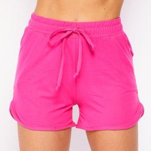Pink drawstring pocket curved hem workout casual solid shorts